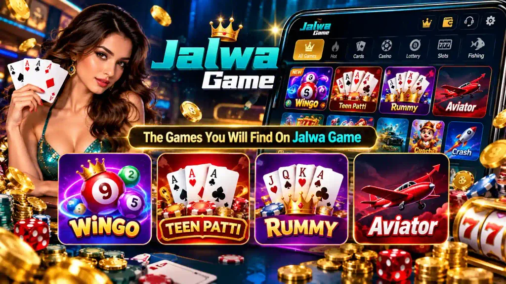 Jalwa Game game lobby with Wingo, Teen Patti, Rummy and Aviator tiles.