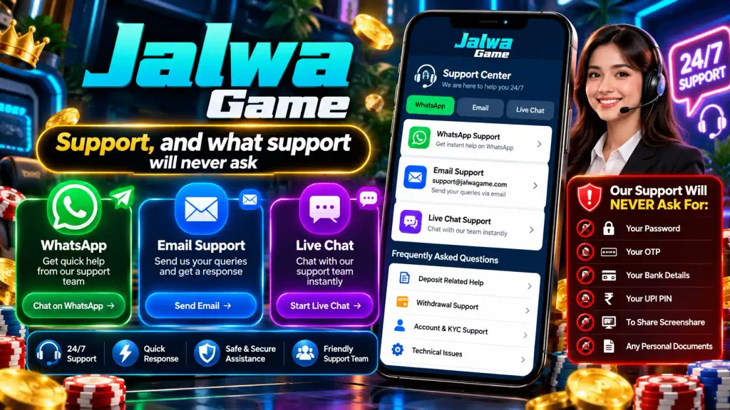 Jalwa Game support options showing WhatsApp, email and live chat.
